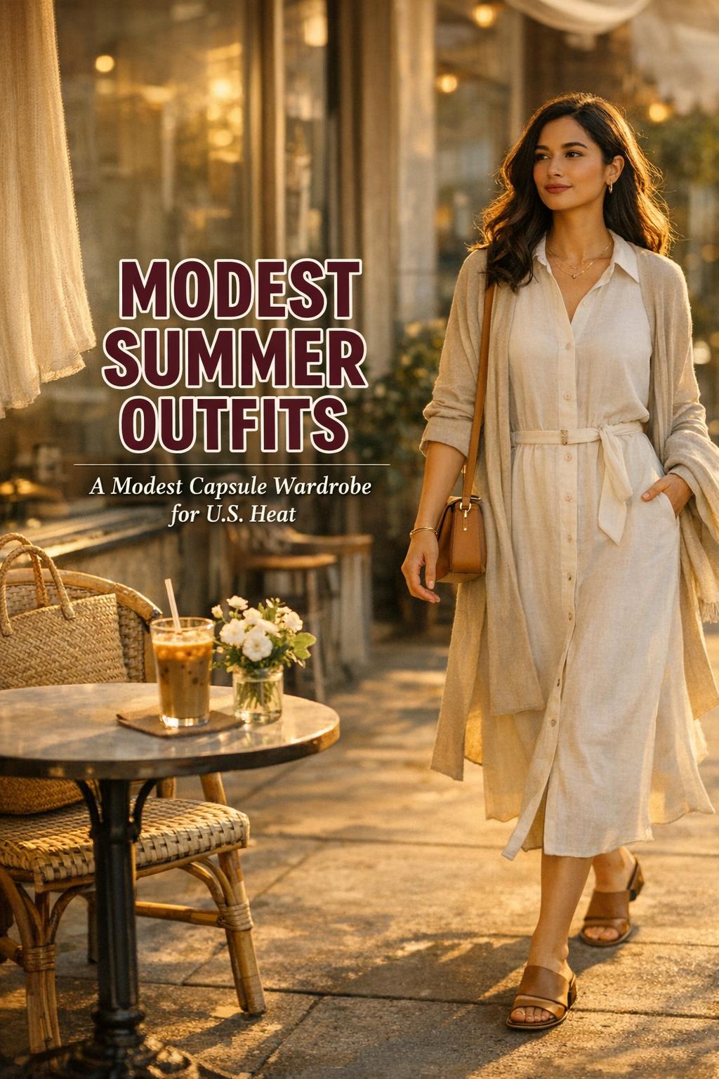 Modest summer outfits at a golden-hour sidewalk cafe, woman in linen midi dress walking past iced coffee and bouquet