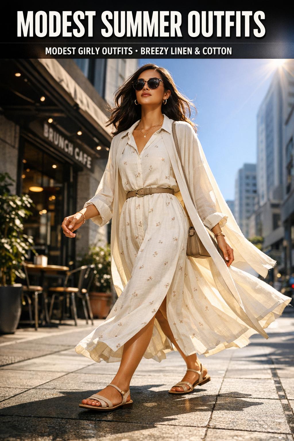 Modest summer outfits styled on a woman in a light, airy dress with a sun hat on a bright outdoor street