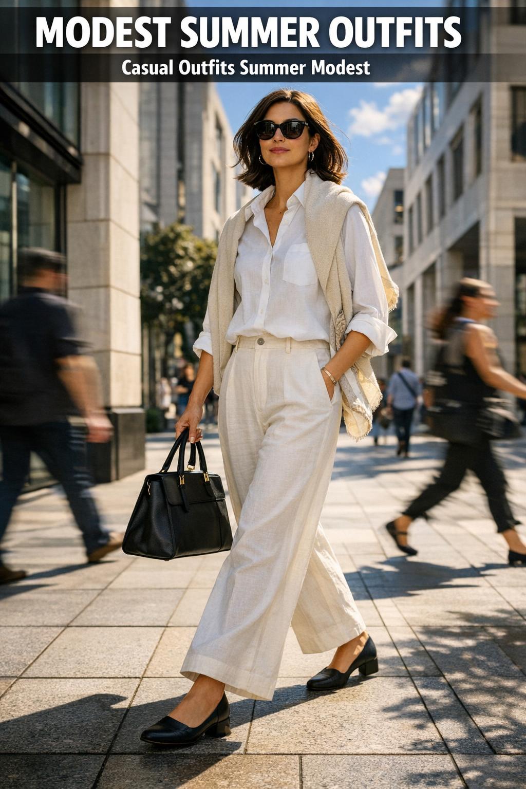 Modest summer outfits featuring a light linen dress and wide-brim hat in soft natural daylight