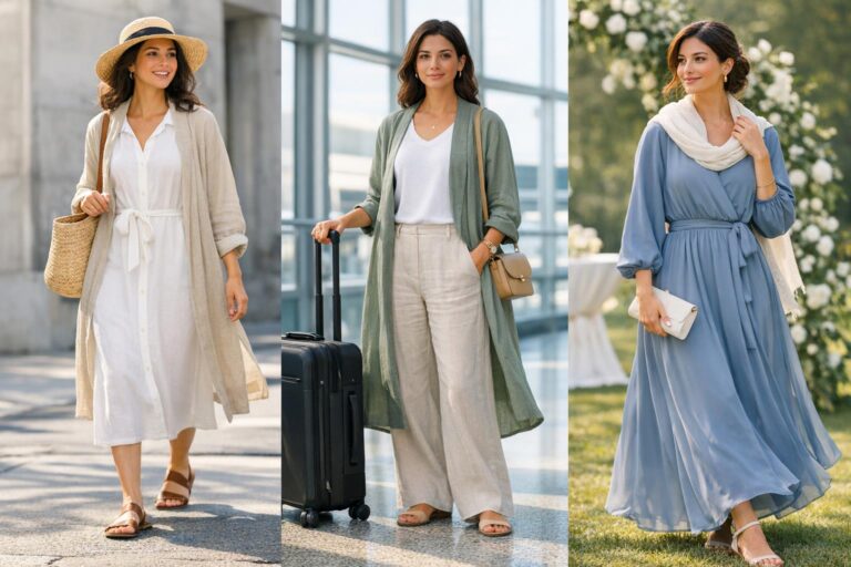 Modest summer outfits with a linen maxi dress and lightweight cardigan for heat, A/C, and wedding guest style