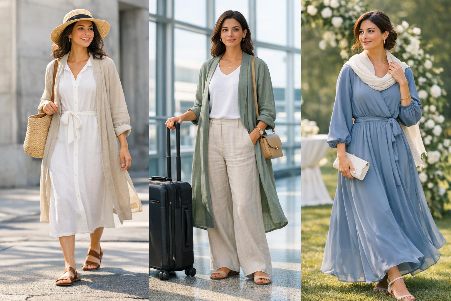 Modest summer outfits with a linen maxi dress and lightweight cardigan for heat, A/C, and wedding guest style