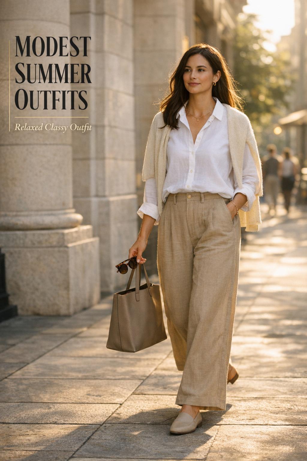 Modest summer outfits street style with linen wide-leg pants, white button-down, and cream cardigan in golden-hour city walkway