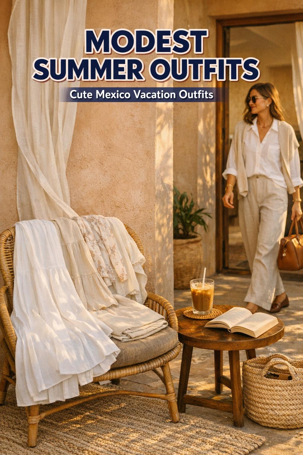 Modest summer outfits on a Mexico resort patio with linen wide-leg pants, white shirt, cardigan, and vacation capsule pieces