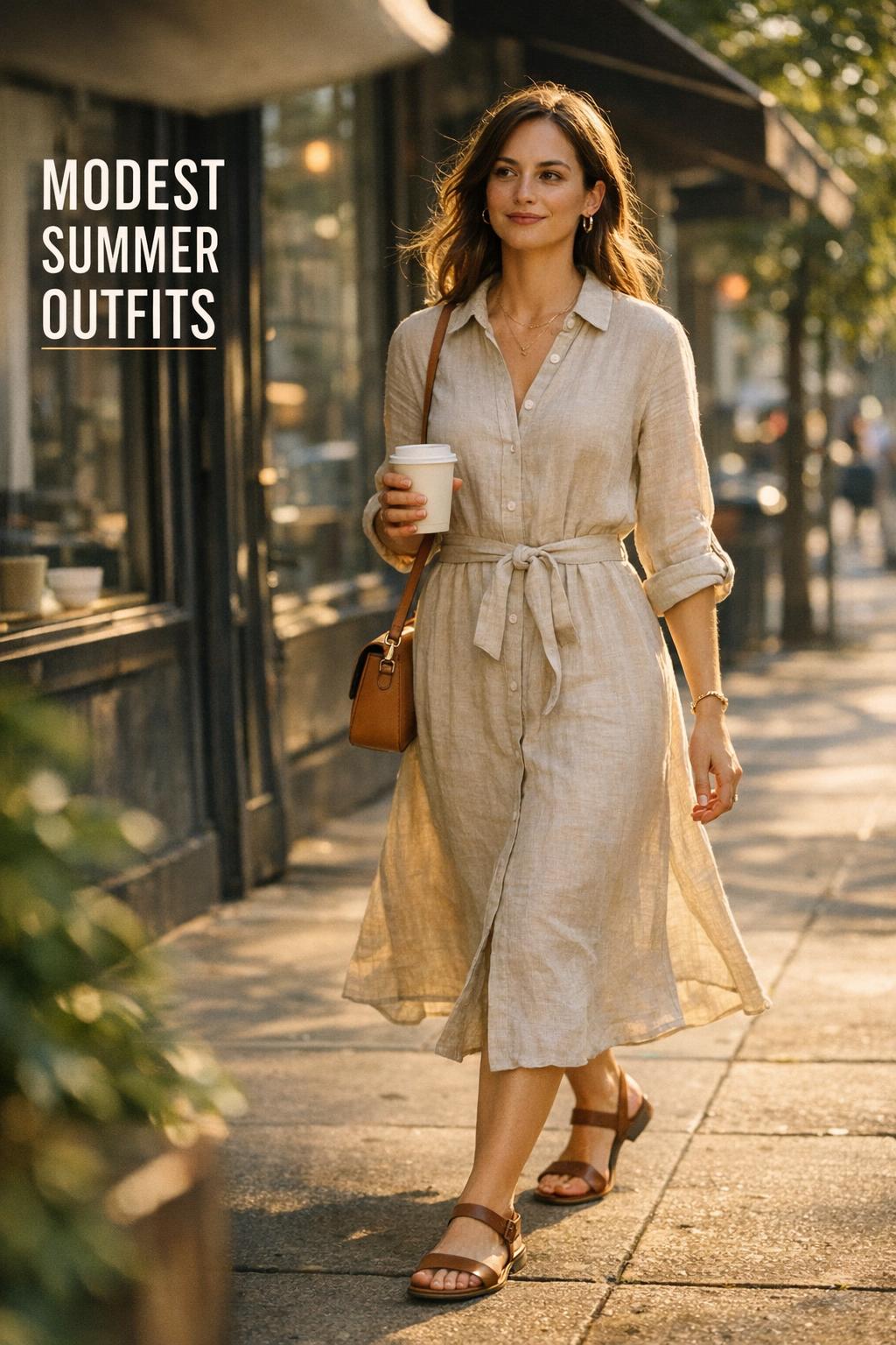 Modest summer outfits on a woman in an oat linen midi shirt dress walking past a modern cafe at golden hour