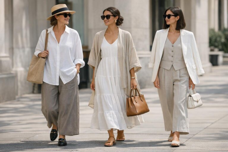 Modest summer outfits with wide-leg linen pants, a boxy button-down, and a lightweight cardigan in soft neutrals