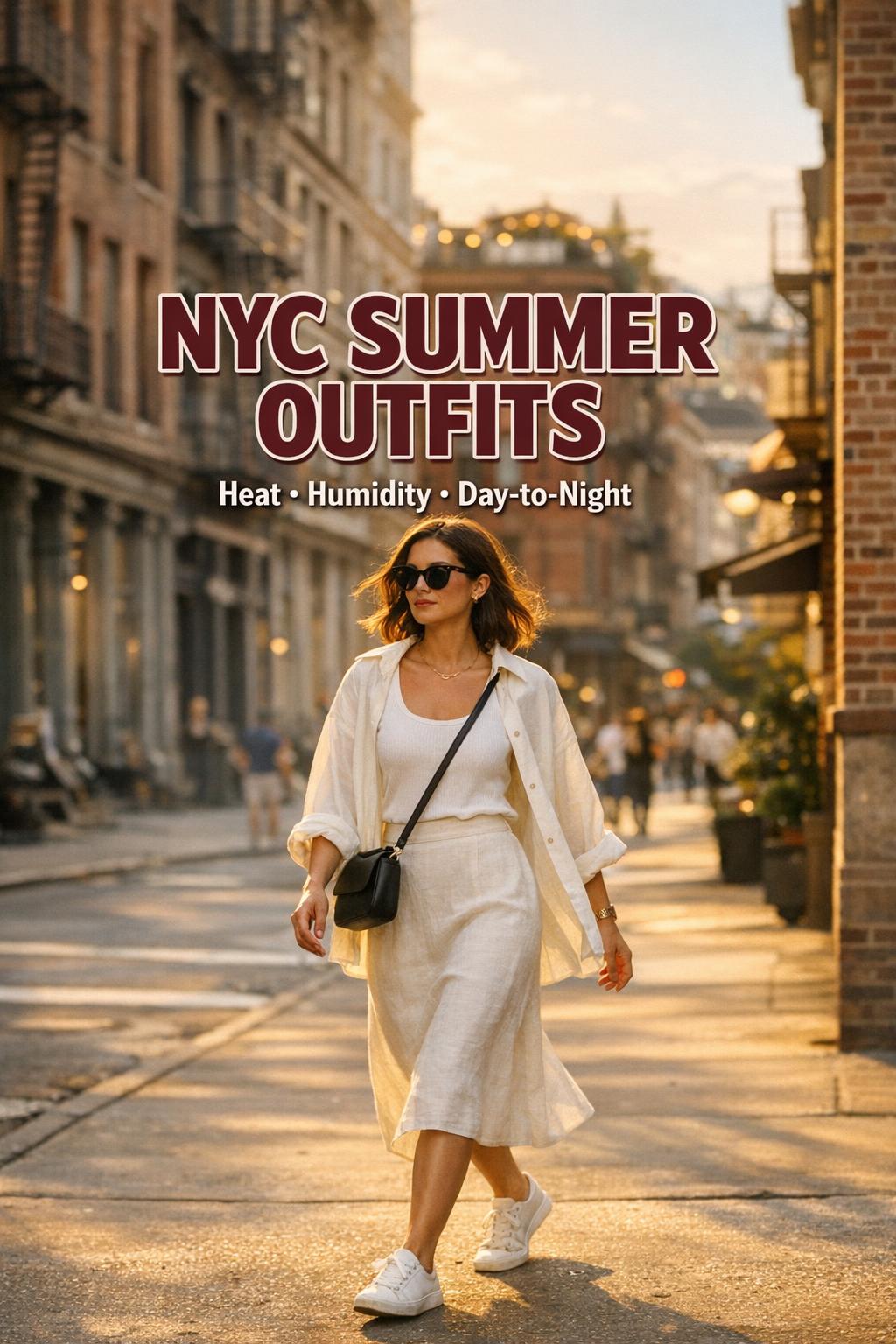 NYC summer outfits street style photo of a woman walking in SoHo at golden hour with linen skirt, tank, and sunglasses