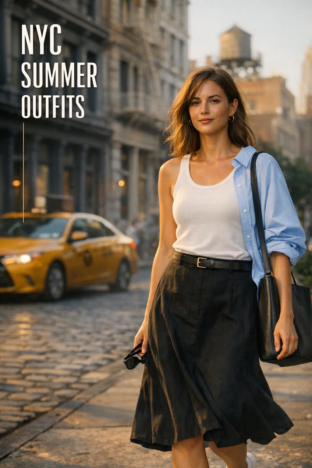 NYC summer outfits street style at golden hour in SoHo, woman in white tank and black midi skirt mid-stride