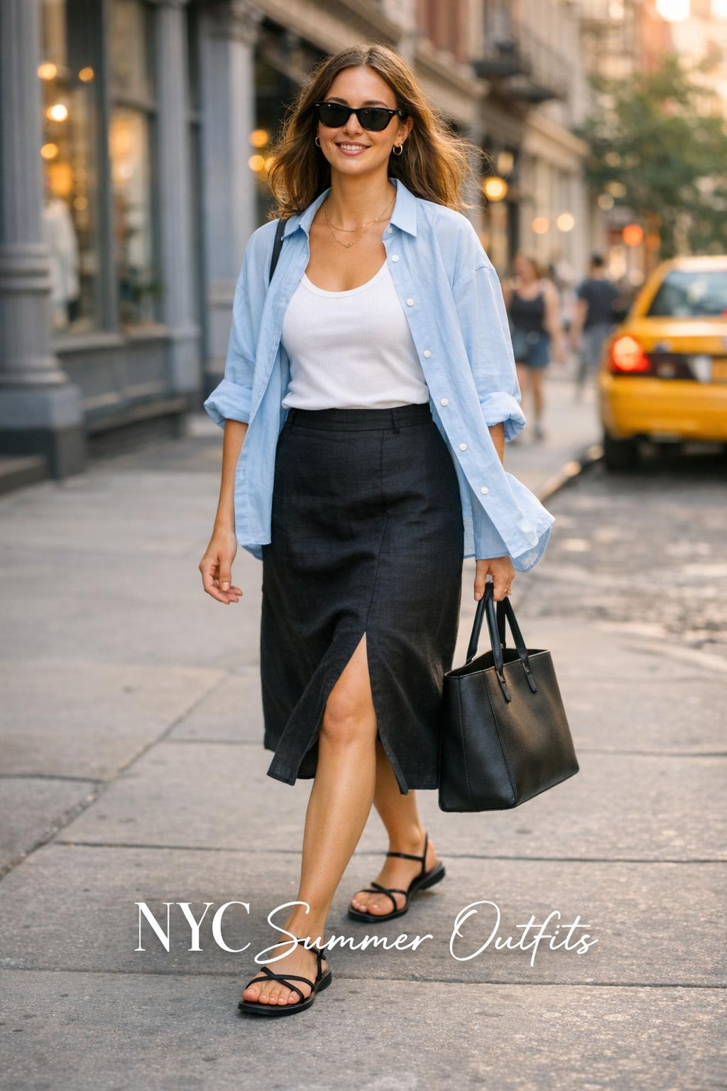 Stylish woman walking in SoHo golden hour street style with text overlay, nyc summer outfits