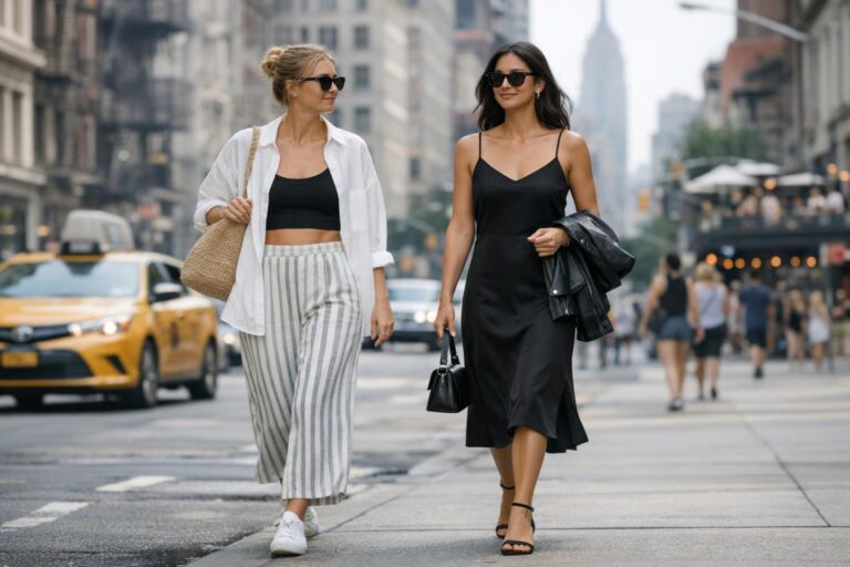 NYC summer outfits with a tank top, midi skirt, chic sunglasses, and sandals on a sunny Manhattan street