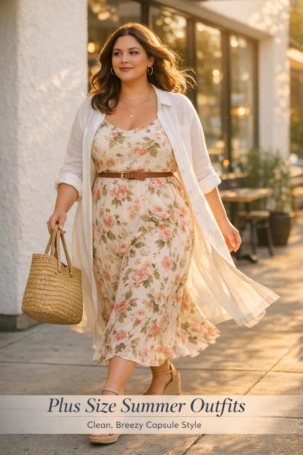 Plus size summer outfits: stylish woman in cream ruched midi dress and open linen shirt walking by a brunch cafe at golden hour