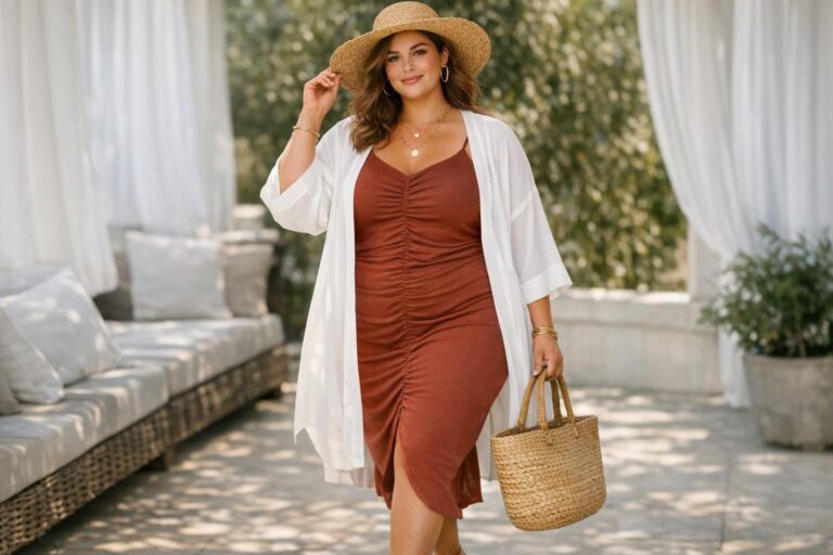 Plus size summer outfits with a breezy floral maxi dress, straw bag, and sandals on a sunny day