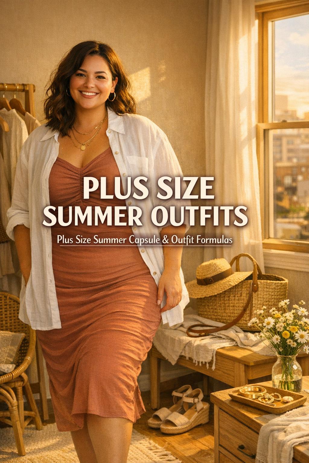 Plus size summer outfits styled in a sunlit bedroom with a woman in a blush midi dress and white linen shirt by a mirror