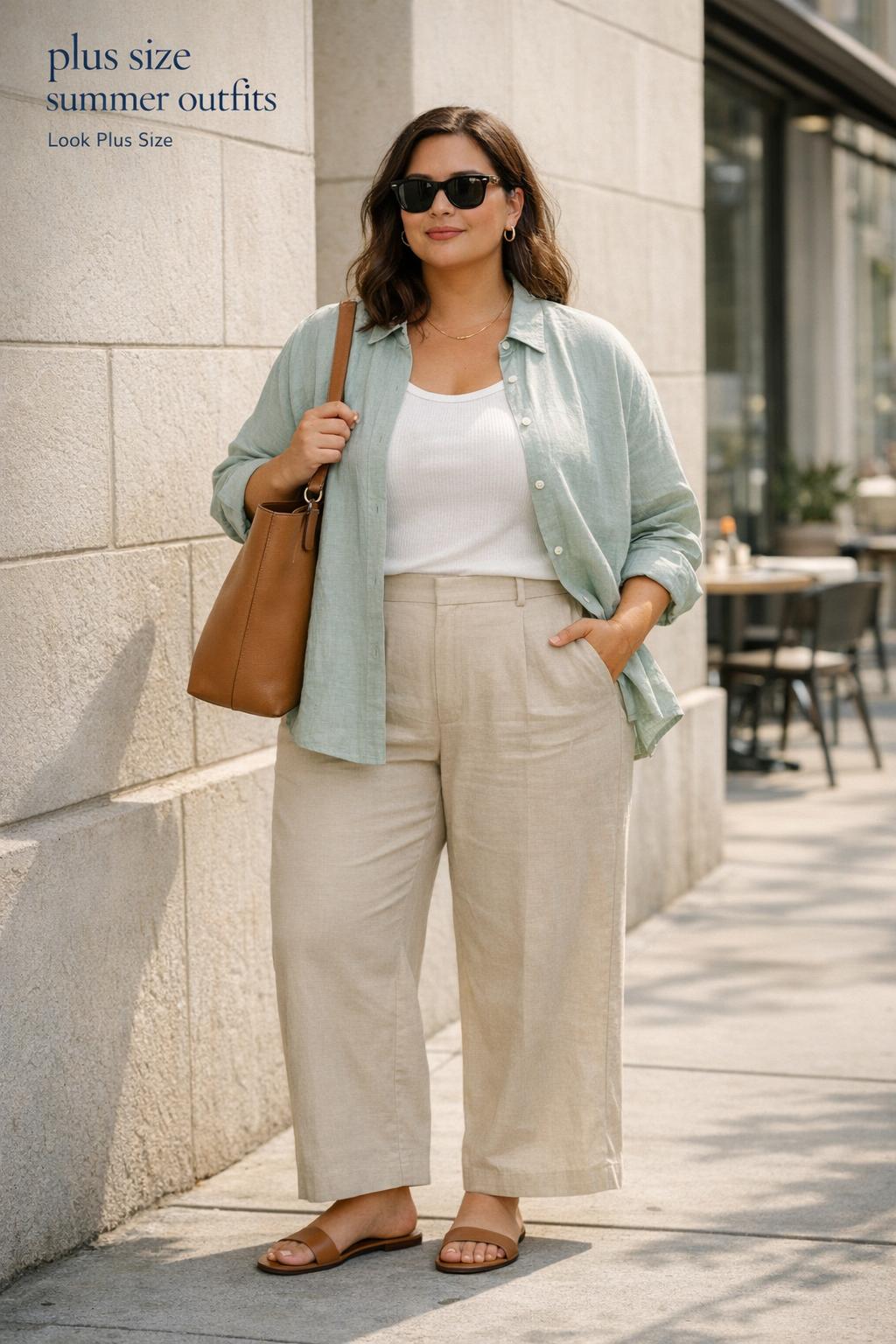 Plus size summer outfits on a woman in linen shirt, cream tank and sand trousers on a sunny city sidewalk by a coffee shop