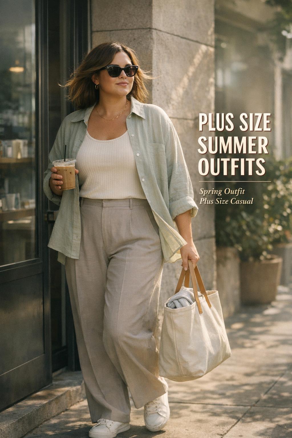 Plus size summer outfits street style: woman in neutral linen layers leaving a minimalist coffee shop with iced coffee
