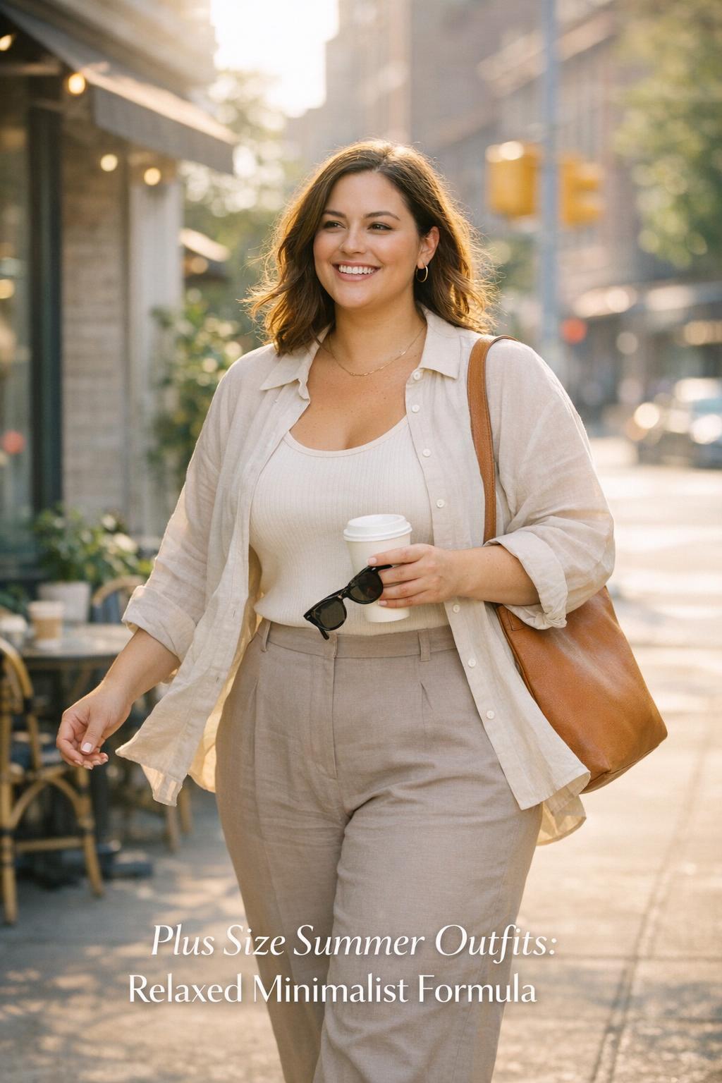 Plus size summer outfits: confident woman in cream tank and linen shirt walking to a sidewalk cafe on a sunny morning