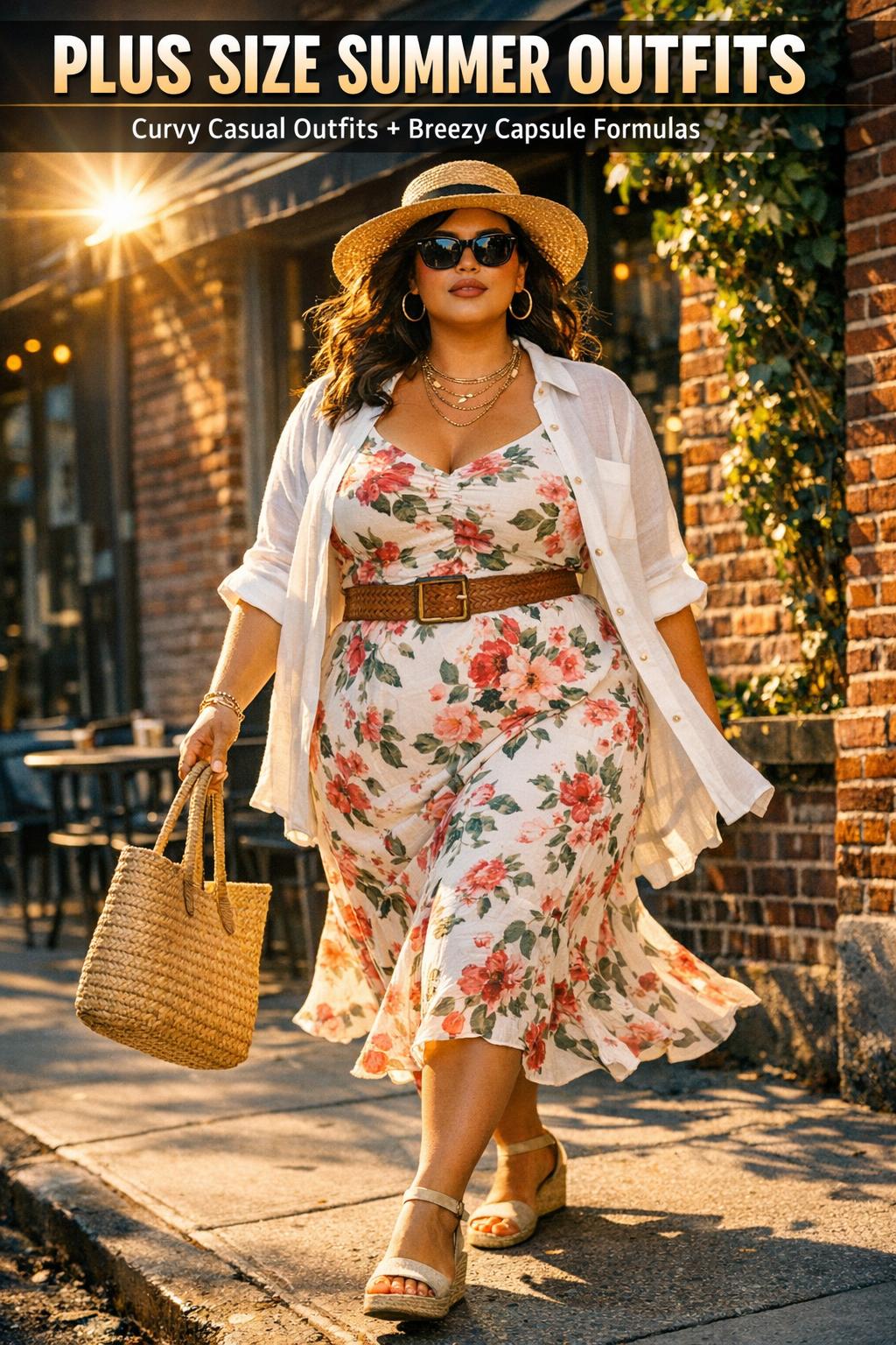 Plus size summer outfits styled on a woman in a bright, airy outdoor setting