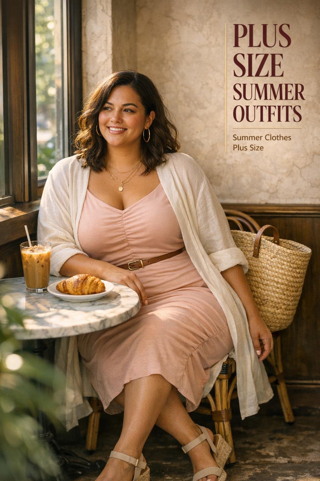 Plus size summer outfits at a sunlit city brunch cafe, woman in ruched midi dress with iced coffee by a window