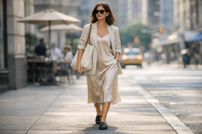 Polished summer outfits with a slip dress, light blazer, and sandals for real heat and chilly A/C days