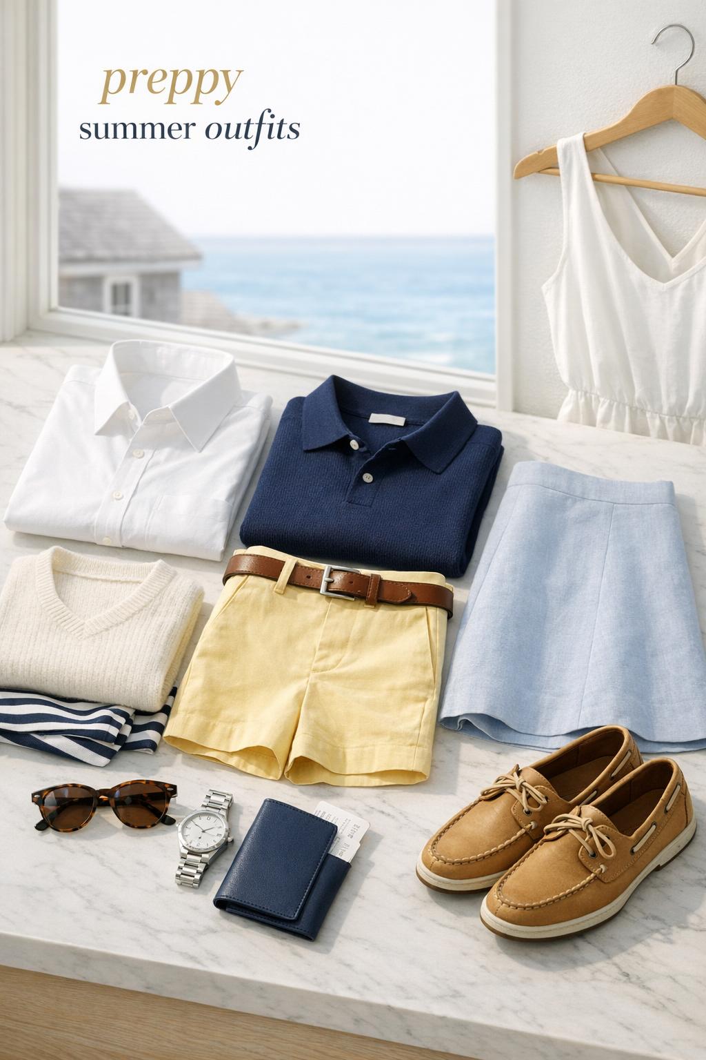 Preppy summer outfits flat lay with navy knits, white shirt, butter-yellow shorts, loafers, and coastal window light