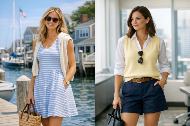 Preppy summer outfits with navy polo, white tailored shorts, loafers, and a light cardigan for coastal days and office AC.