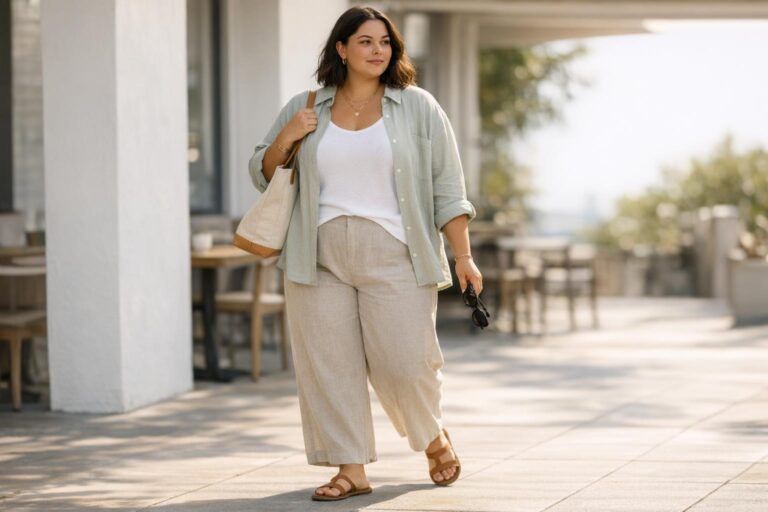Plus size summer outfits in relaxed minimal neutrals with a lightweight open shirt, tank, and wide-leg pants outdoors
