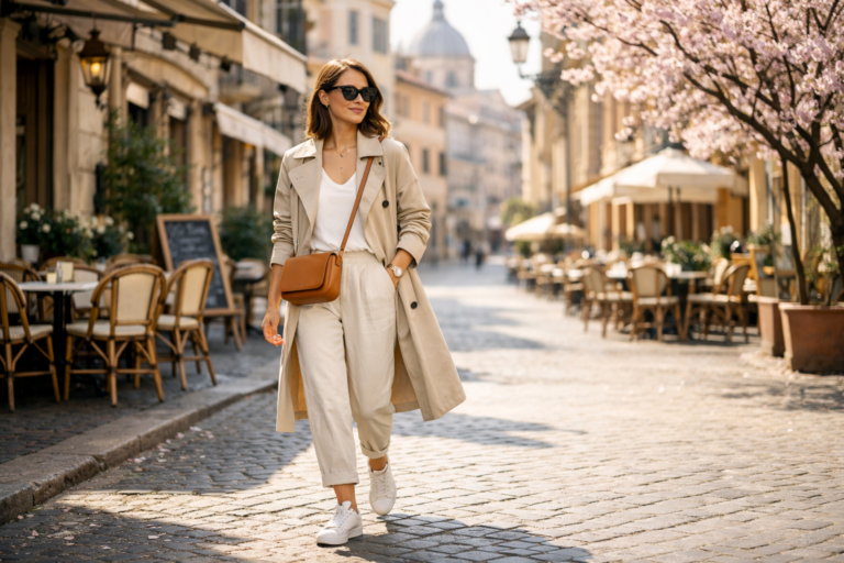 woman wearing chic spring travel outfit with trench coat walking through a European city street