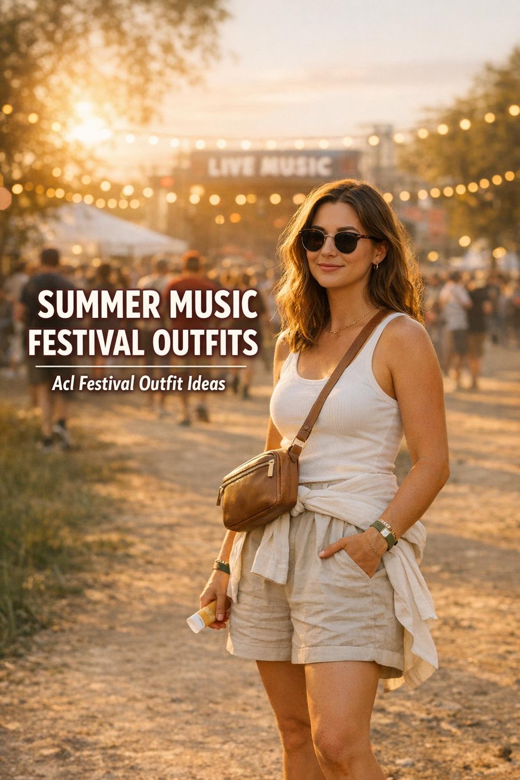 Summer music festival outfits inspiration with woman in neutral tones at golden hour, wearing crossbody bag and sneakers