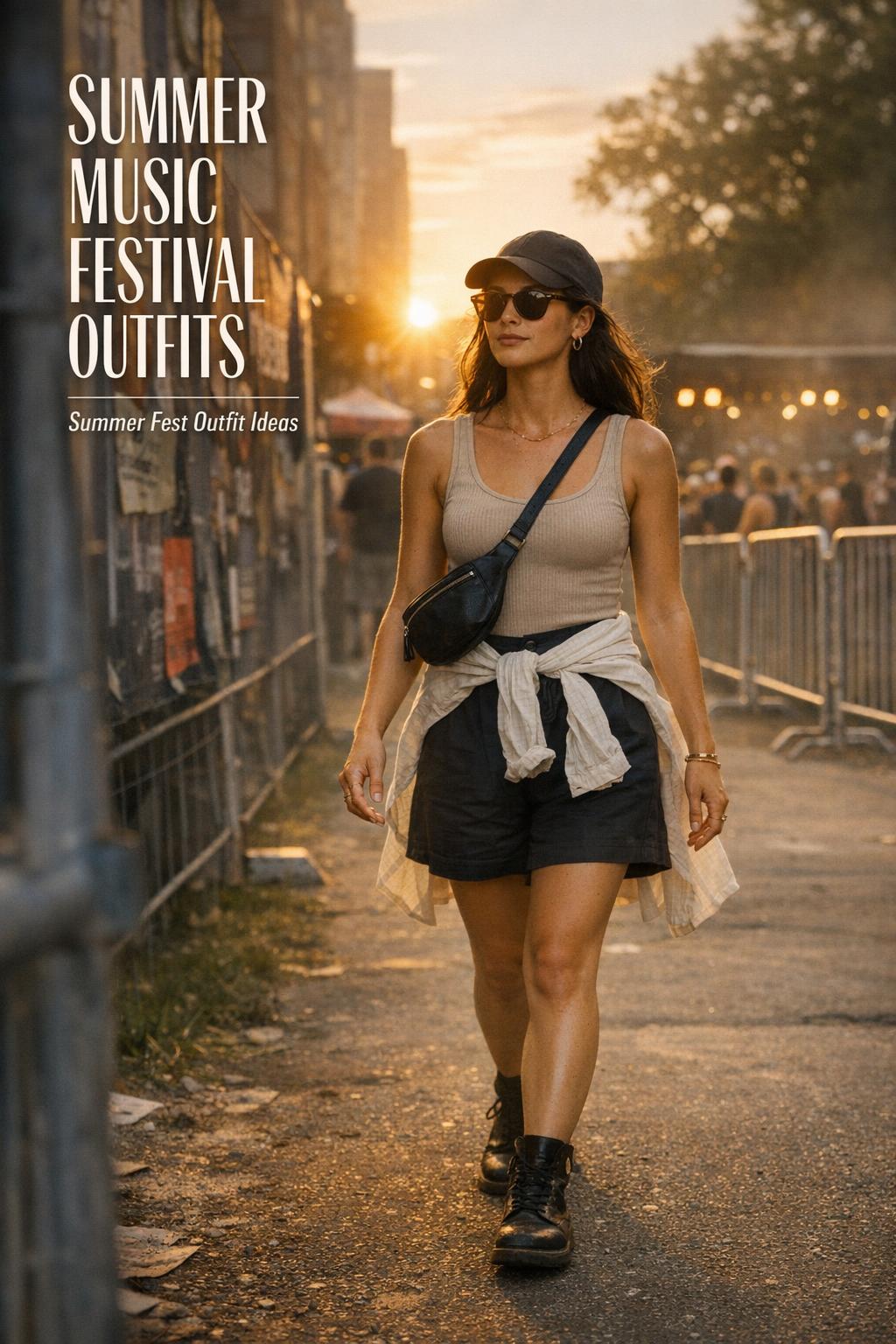 Summer music festival outfits: stylish woman walking near festival entrance at golden hour with cinematic city backdrop