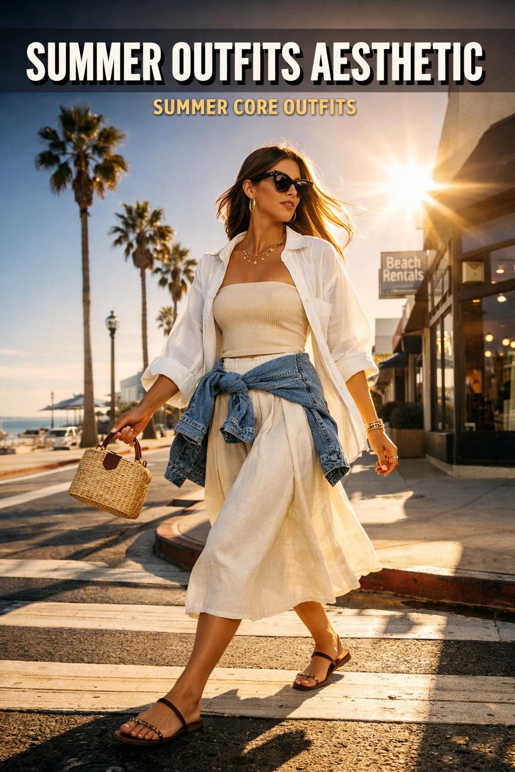 Summer outfits aesthetic: stylish women in light linen dresses and sunglasses at a sunny beach boardwalk