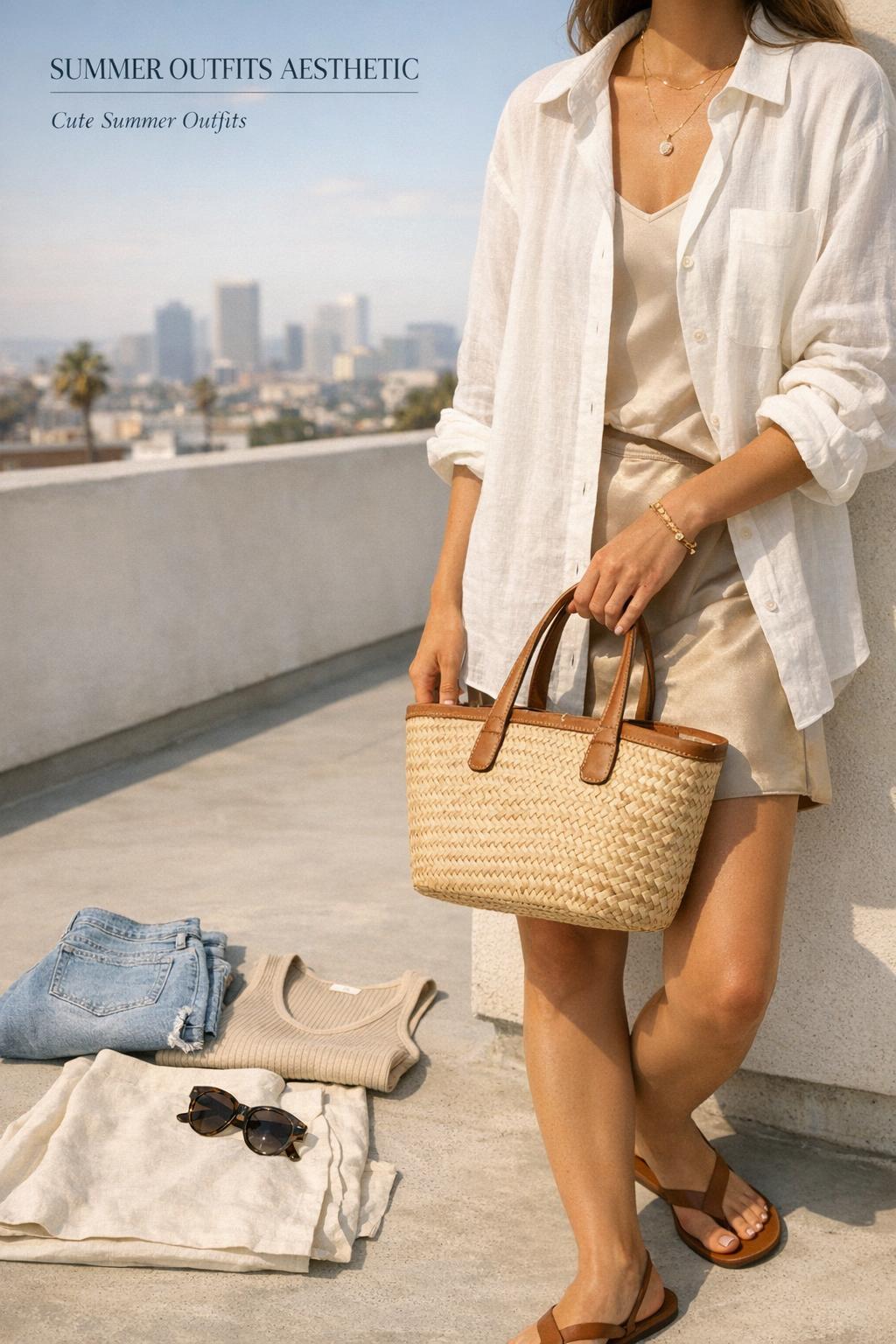 summer outfits aesthetic on a sunny rooftop: white linen shirt, satin shorts, flat sandals, straw bag and capsule pieces