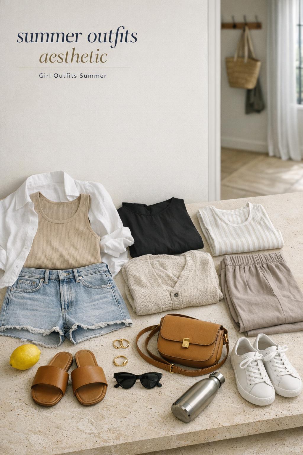 Summer outfits aesthetic flat lay in a bright city entryway with linen shirt, denim shorts, black dress, sandals, sneakers and camel bag.