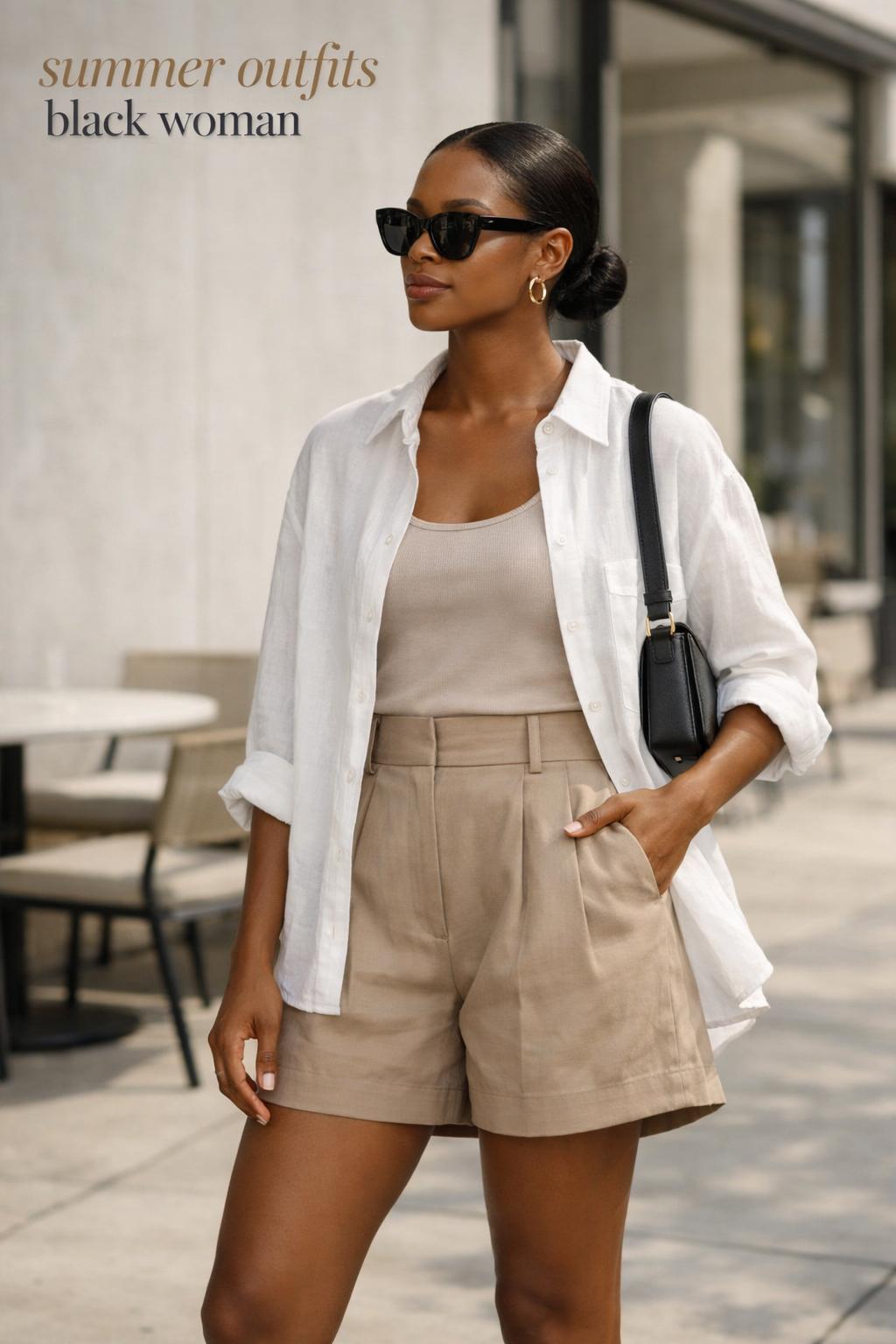 summer outfits black woman in beige tailored shorts and open white linen shirt walking by a modern cafe on a sunny sidewalk