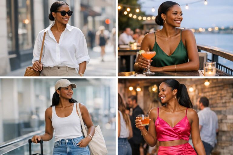 Summer outfits black woman wearing a breezy button-up and structured shorts with sandals on a sunny city street