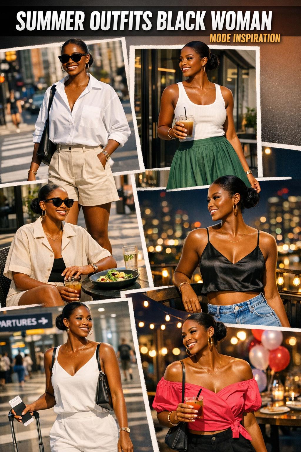 Summer outfits on a stylish black woman in a bright outdoor setting, showcasing a chic warm-weather look