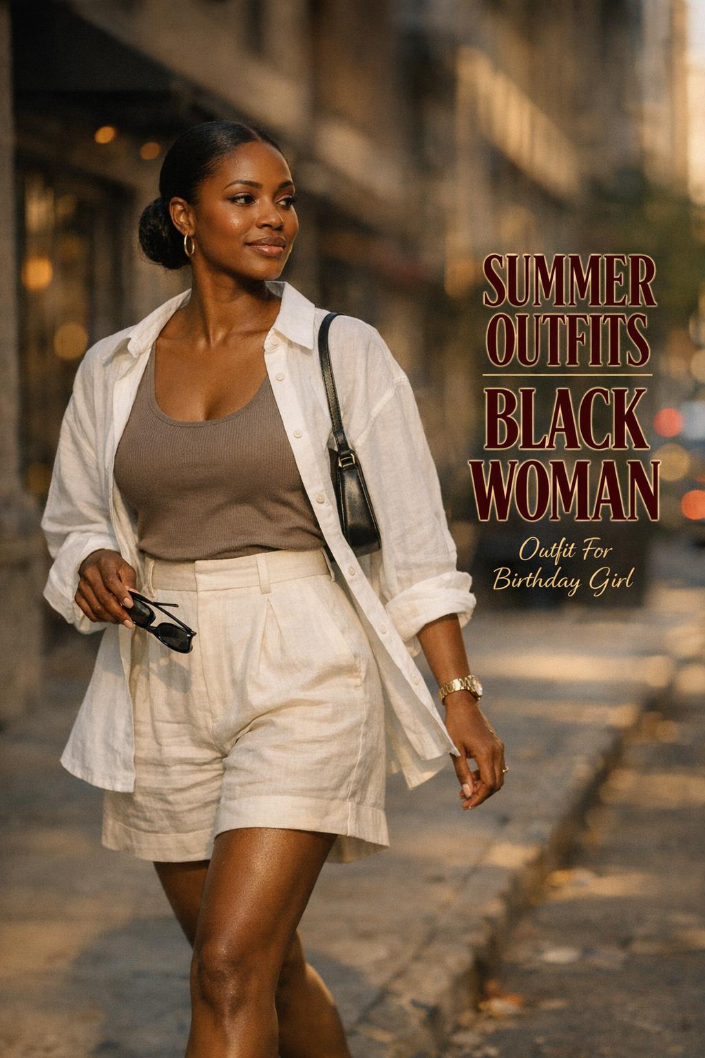 Summer outfits black woman walking in linen shorts and open white shirt on a sunny city street, candid editorial style