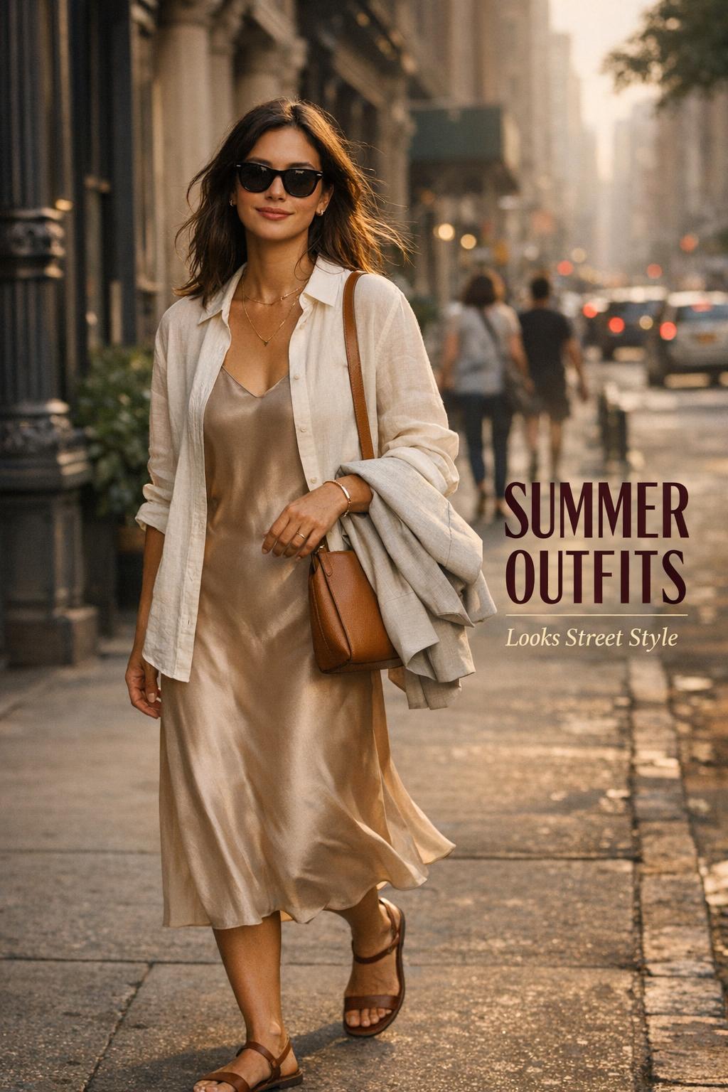 Summer outfits street style photo of a woman in ivory linen shirt over champagne slip dress on a NYC sidewalk at golden hour.
