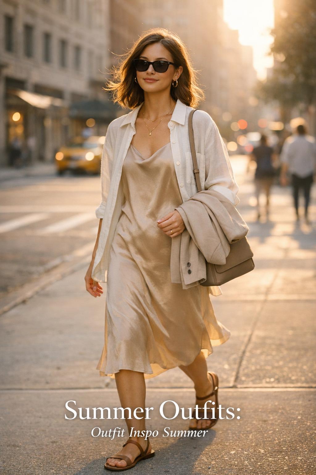 Summer outfits street style on a golden hour NYC sidewalk, woman in linen shirt and silk slip dress walking candidly