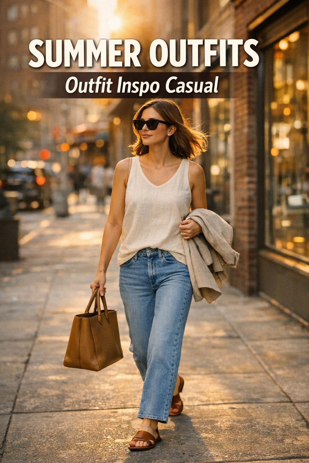 Summer outfits street style: woman in cream linen top and light-wash jeans walking on a golden-hour NYC sidewalk