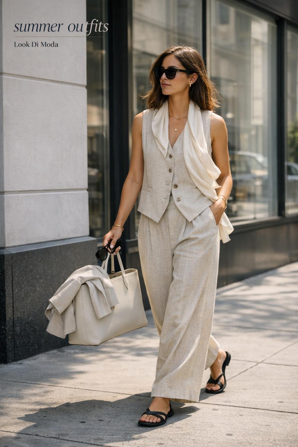 summer outfits street-style photo of woman in oatmeal linen set with scarf, tote, sandals, and blazer on NYC sidewalk
