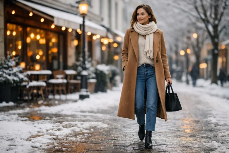 Stylish winter outfit with wool coat, scarf, jeans and ankle boots on a snowy city street