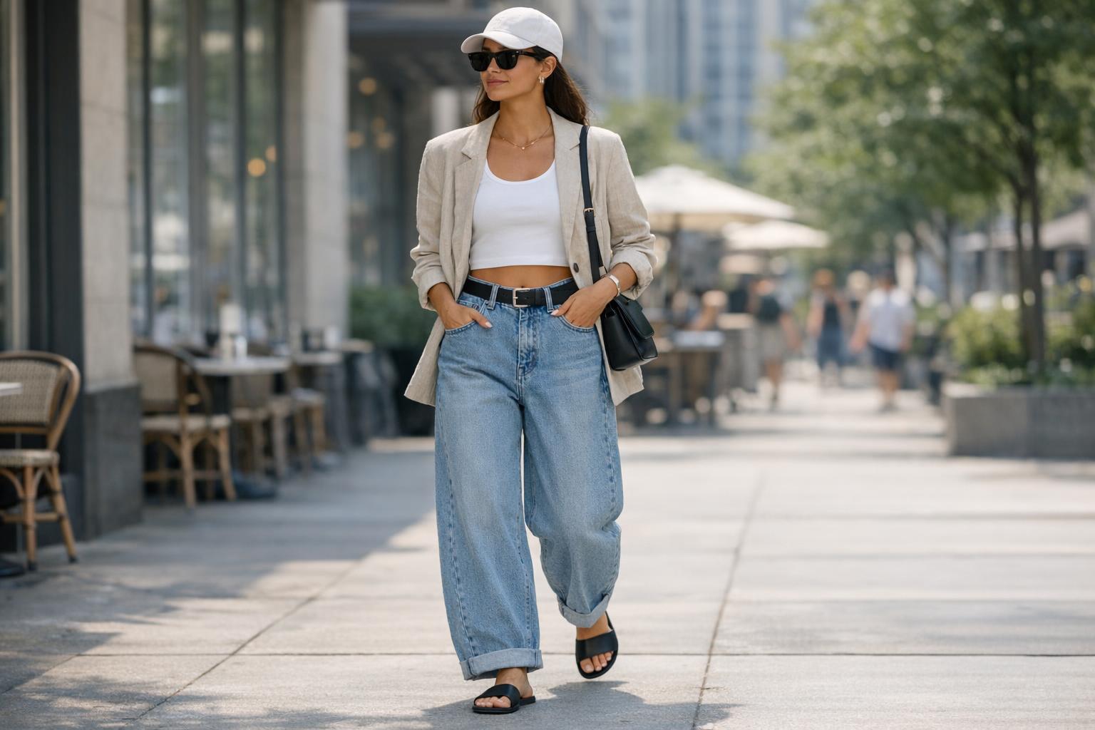 Baggy jeans outfit summer with cropped tee, sneakers, belt and sunglasses on a city street in warm weather