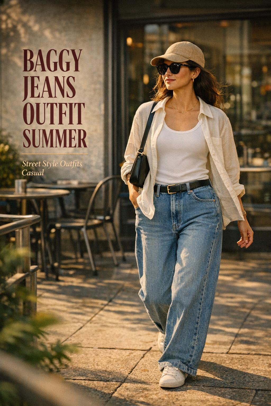 Baggy jeans outfit summer street style look on a sunlit city sidewalk near a modern cafe, woman mid-step in denim and tank