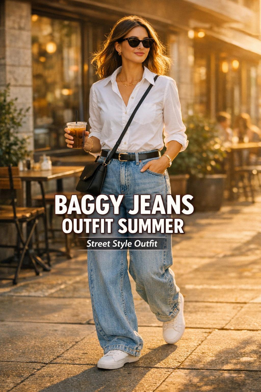 Baggy jeans outfit summer street style look with woman walking by a café patio at golden hour holding iced coffee