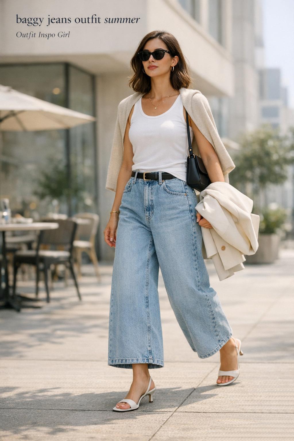 baggy jeans outfit summer street style woman walking on sunny city sidewalk in light-wash wide-leg denim and white tank