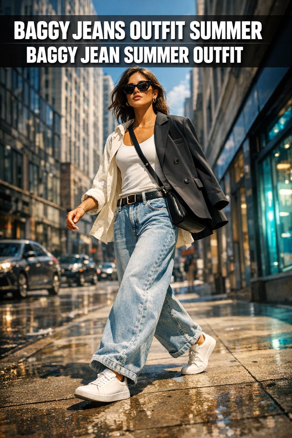 Baggy jeans outfit summer with a white tank top and sandals on a sunny city street