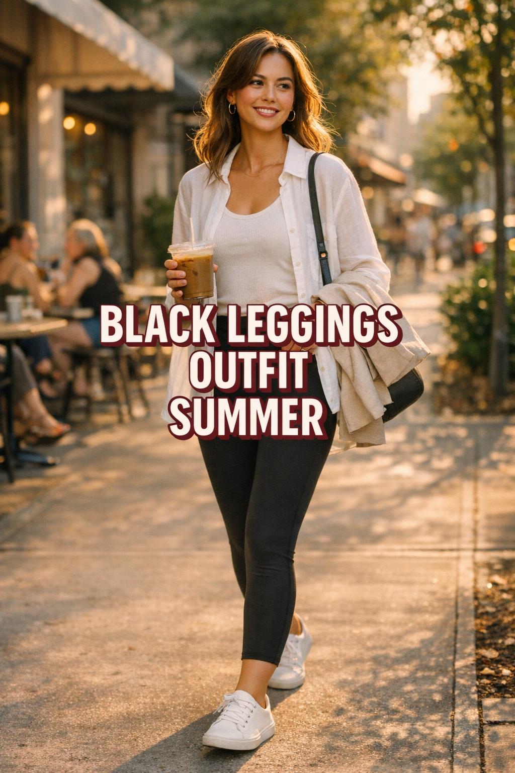 Black leggings outfit summer look with woman in high-rise 7/8 leggings, white linen shirt, sneakers, and iced coffee at city cafe