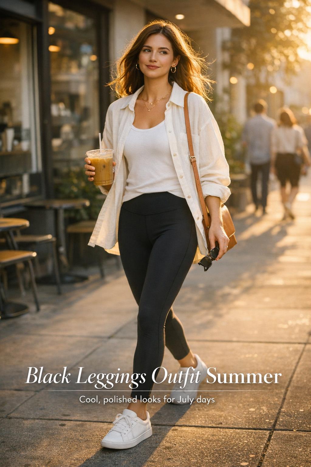 Black leggings outfit summer street style: woman in ivory linen shirt walking with iced coffee outside a modern cafe