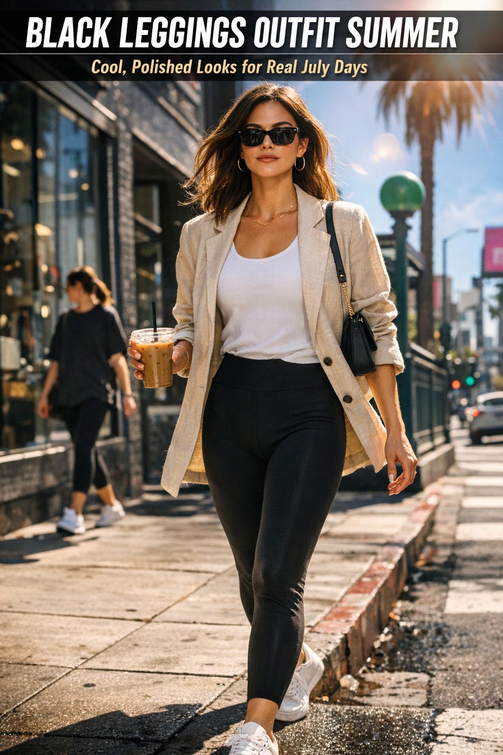 Black leggings outfit summer look with light top and sandals in bright daylight