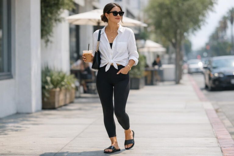 Black leggings outfit summer with a white tank top and slides on a bright July day in the city