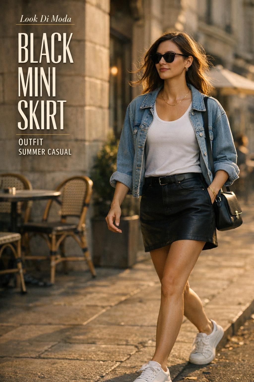 Black mini skirt outfit summer casual with stylish woman walking by a European sidewalk cafe at golden hour